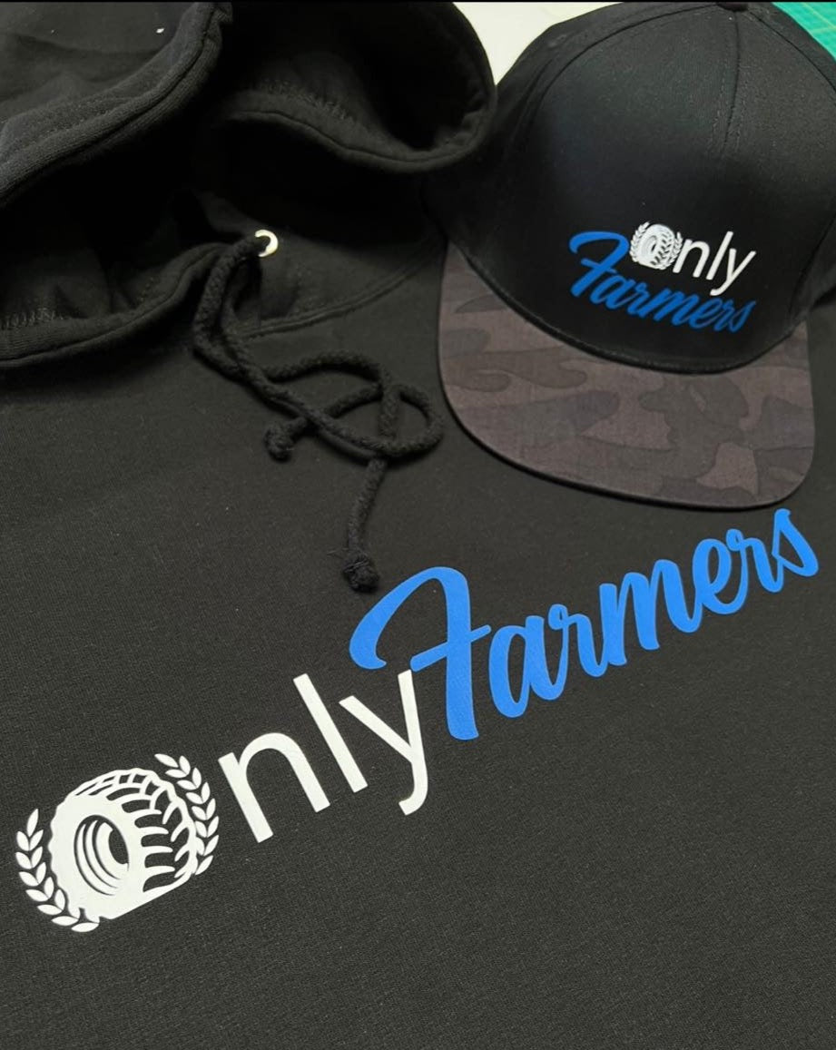 'Only Farmers' Hoodie in Black with optional colour logo