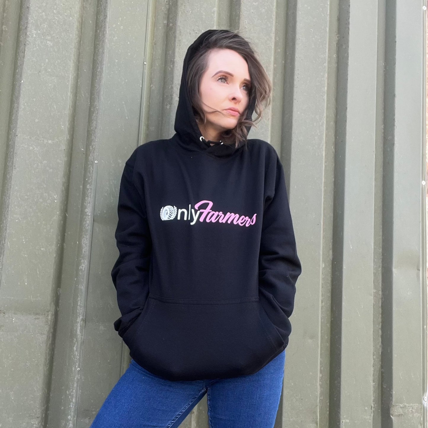 'Only Farmers' Hoodie in Black with optional colour logo