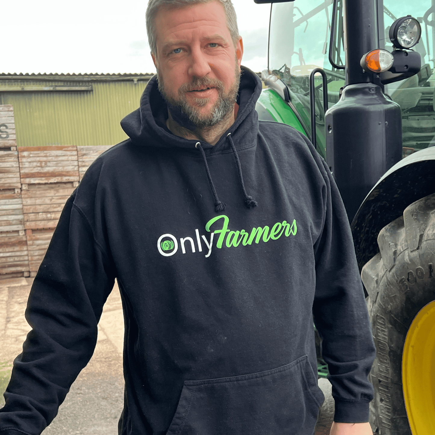 'Only Farmers' Hoodie in Black with optional colour logo